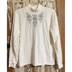 Alfred Dunner Northern Lights Long Sleeve Embroidered Mock-neck Top - Ivory - 1X